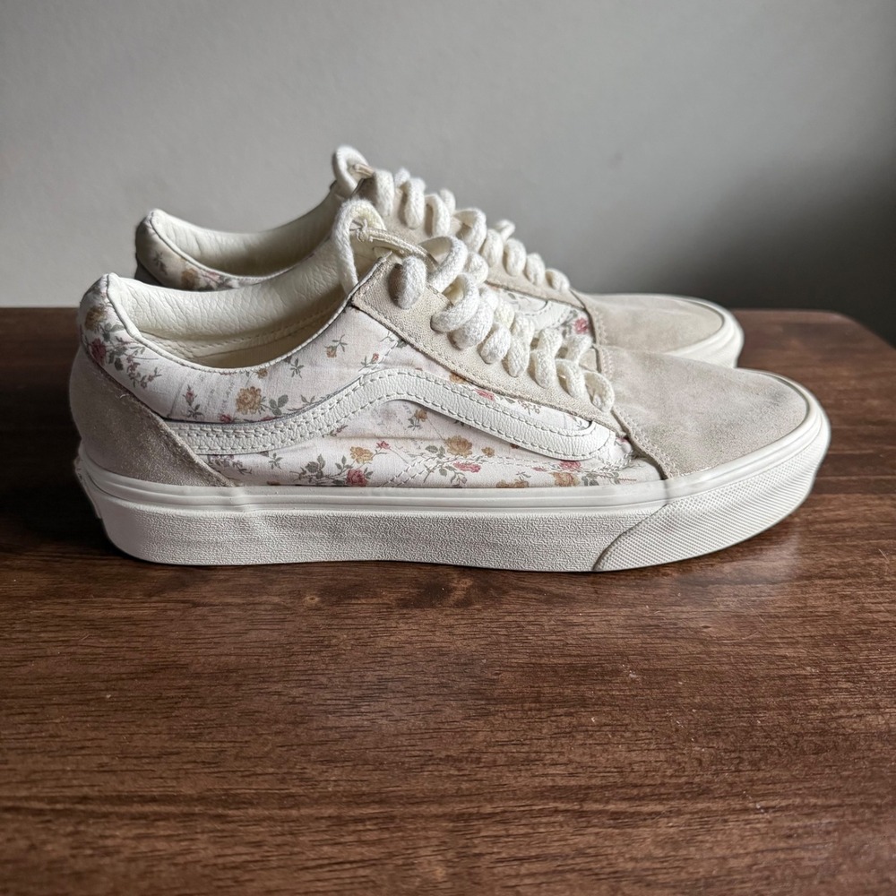 Vans Old Skool Floral Tapestry Sneakers Cream Suede Low Top Womens 9.5 Mens 8